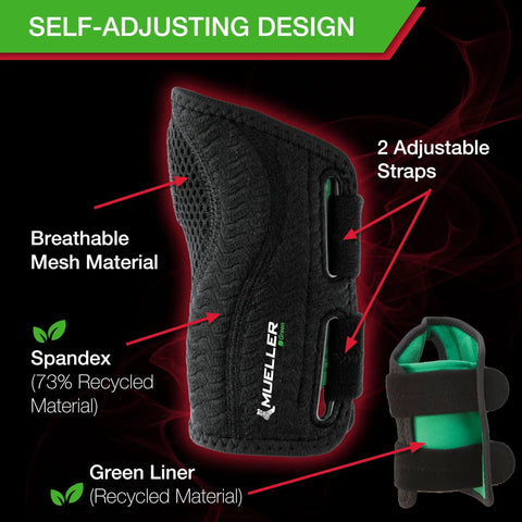 Black fitted wrist brace with breathable mesh, two adjustable straps, spandex, green liner. Fitted Wrist Brace For Pain Relief And Solid Support With Carpal Tunnel Tendonitis And Arthritis One Hand Cinch Adjustment Right Hand Small Medium Large XL.