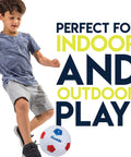 Kid playing with soccer ball indoors, text reads 'Perfect for Indoor and Outdoor Play', Kids Soccer Goal With Ball And Pump 24 By 16 Inch Easy Assemble Insta Set With Quick Fold Corner Joints For Indoor And Backyard Practice Perfect For Backyard And Park Play, Kid Friendly Size For Tiny Athletes, Folds Flat For Quick Storage And Travel.