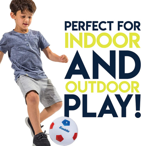 Kid playing with soccer ball indoors, text reads 'Perfect for Indoor and Outdoor Play', Kids Soccer Goal With Ball And Pump 24 By 16 Inch Easy Assemble Insta Set With Quick Fold Corner Joints For Indoor And Backyard Practice Perfect For Backyard And Park Play, Kid Friendly Size For Tiny Athletes, Folds Flat For Quick Storage And Travel.