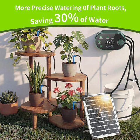 Solar Powered Drip Irrigation Kit For Up To 30 Pots With 8W Solar Power, Auto Watering, 22 Timing Modes, HD LED Display, AntiSiphon, IPX5 Water Resistant, Perfect For Outdoor Garden, Balcony Or Greenhouse