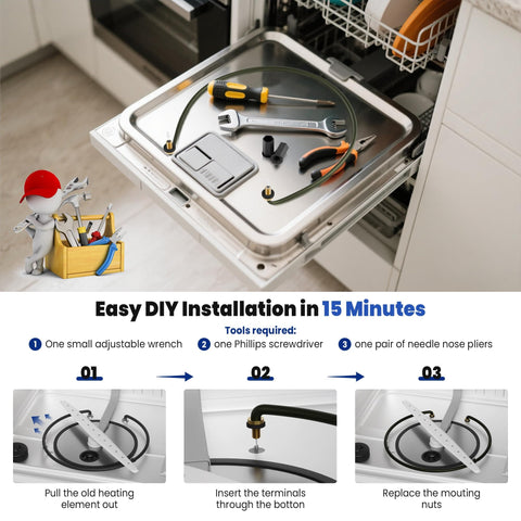 Dishwasher Heating Element Replacement For Easy Install And Durable Performance Compatible With Kenmore Maytag Amana Dishwashers 8194250 8563007 8572861 W10134009 W10441445 W10518394VP installation guide on open dishwasher door with tools.