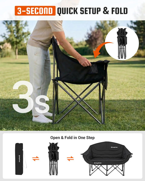 Man folding Two Person Camping Chair Oversized and Comfortable Heavy Duty 660 Lb Capacity Portable Folding Two Seat Couch with Cup Holders