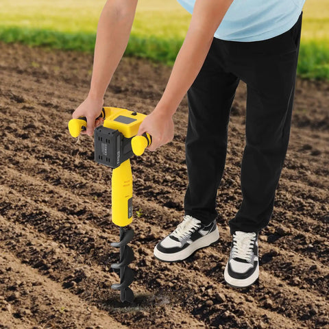 Person using Cordless Post Hole Digger For Urban Greening And Farm Planting Battery Powered Hole Digging Machine in field.