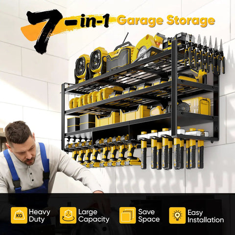 49 Inch Wide Power Tool Organizer Wall Mount, Four Layer Heavy Duty Tool Storage Rack With Wrench And Screwdriver Holders, Holds 12 Cordless Drills, 800 Lb Load, Large Capacity Garage Organizer, Perfect Gift For Men, mounted on garage wall