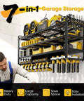 Heavy Duty Wall Mount Tool Organizer With Four Layer Drill Holder shown in use, storing tools in a garage setup.