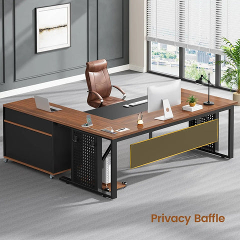 L Shaped Executive Desk With Rolling File Cabinet And Built In Power Outlets For A Boss Level Workspace Large Corner Desk With Drawers CPU Stand Pegboard Storage Shelves And Hooks Brown Finish showcasing privacy baffle