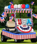 Golf cart decorated with All American Patriotic Parade Decor Kit With 46 Pieces For 4th Of July Celebrations in red, white, and blue
