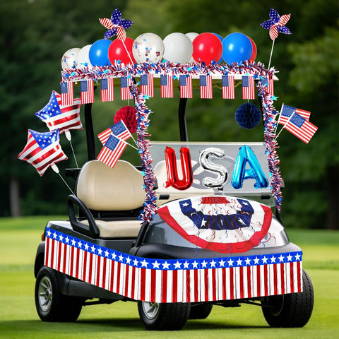 Golf cart decorated with All American Patriotic Parade Decor Kit With 46 Pieces For 4th Of July Celebrations in red, white, and blue
