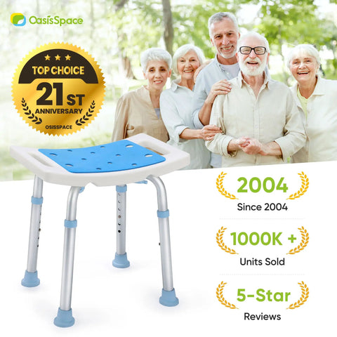 Adjustable Shower Chair With Tool Free Assembly And Anti Slip Bath Stool for elderly, blue cushion and aluminum legs, 21st anniversary badge