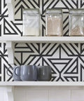 Black And White Geometric Peel And Stick Wallpaper For DIY Projects Repositionable And Removable With No Residue behind shelves