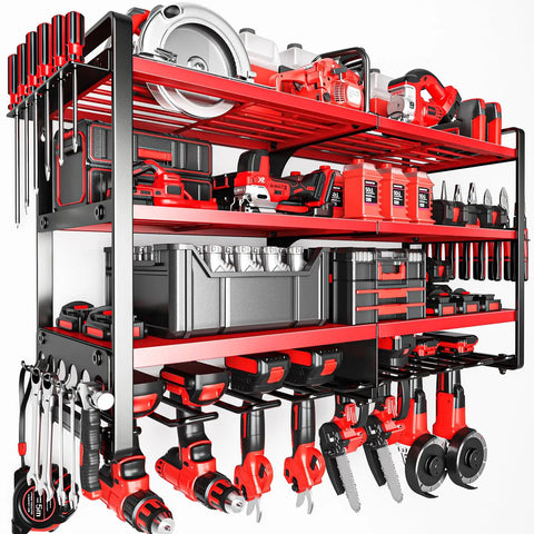 Upgrade Large Four Tier Power Tool Organizer Wall Mount With Beefy Heavy Duty Metal Construction And 400lbs Capacity Shelves For Heavy Tools