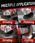 Heavy Duty Brushless Cordless Angle Grinder 4 1/2 Inch With 10000 Rpm Motor shown in multiple applications like grinding, polishing, and cutting.