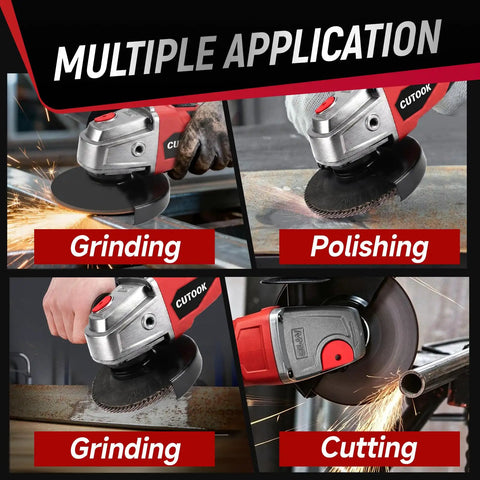 Heavy Duty Brushless Cordless Angle Grinder 4 1/2 Inch With 10000 Rpm Motor shown in multiple applications like grinding, polishing, and cutting.