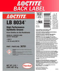Back label of Loctite LB 8034 High Performance Synthetic Grease with product details and specifications.