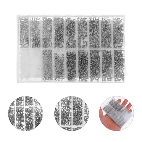 Heavy Duty Stainless Steel Eyeglass Repair Screws Kit With Slick Magnetic Screwdriver And 1000 Piece Legit Watch Hardware Set organized in clear storage box.