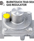 BurnTouch gas regulator with metal body, large knurled top knob and yellow safety cap (front view)