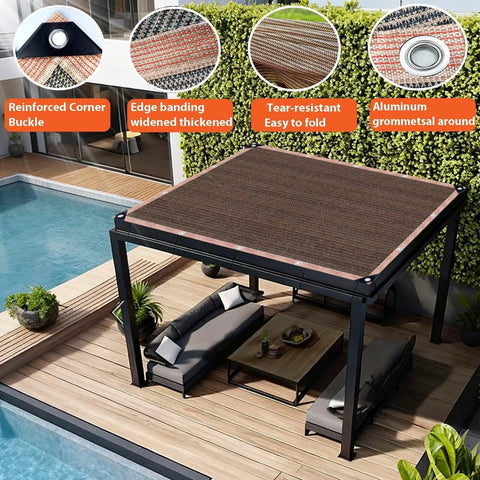 90 Percent Shade Cloth With Grommets For Pergola Cover over poolside patio, reinforced corners and edge banding visible.