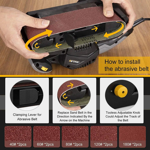 7 Amp Handheld Belt Sander With 3 x 21 Inch Belts, Dust Bag, And Beast Mode Variable Speed 120 To 400 RPM For Woodworking setup