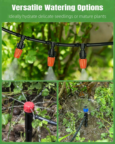 Image of the All In One Drip Irrigation Kit For Garden And Lawn With 240 Feet Main Tubing showing adjustable emitters in use.
