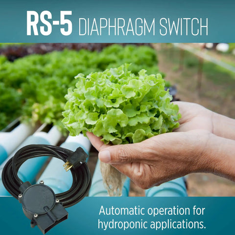RS 5 115 Volt Piggyback Diaphragm Pump Down Switch For Sump Or Utility Pumps With 10 Foot Cord Black Converts Manual Pumps Up To One Half Horsepower To Automatic Operation Easy Plug In Install Ideal For Sump Flood Pond Drainage 599008 with hydroponic lettuce and close-up of switch.