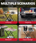 Foldable Outdoor Grill Table And Prep Station With Pizza Oven Base And Griddle Stand used in various scenarios: camping, tailgating, backyard, indoor storage.