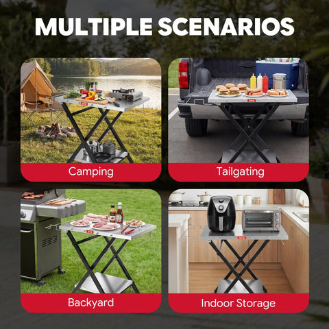 Foldable Outdoor Grill Table And Prep Station With Pizza Oven Base And Griddle Stand used in various scenarios: camping, tailgating, backyard, indoor storage.