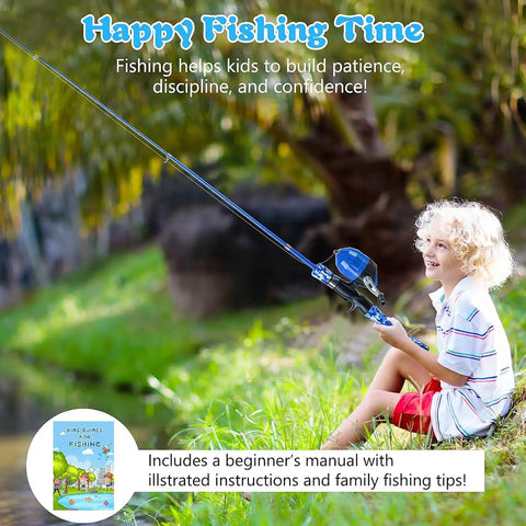 Child fishing by a pond with Kids Telescopic Fishing Rod And Spincast Reel Combo Kit For Boys And Girls All In One Totally Portable Fishing