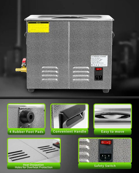 Back view of 6L High Power Ultrasonic Parts Cleaner with 180W power, showing control panel, heat dissipation, and protective features