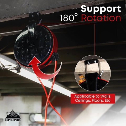 Retractable Extension Cord Reel With 30 Ft 16 AWG Cord 3 Outlets showing 180 degree swivel ceiling mount in red and black