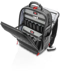 Modular X18 Tool Backpack with 21 loops and 37 pockets, waterproof molded shell for upright opening, shown with open compartments.