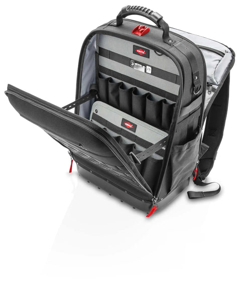 Modular X18 Tool Backpack With 21 Loops And 37 Pockets, Waterproof Molded Shell For Upright Opening, front view with open compartments.