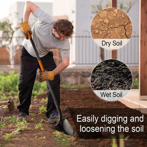 Person using Heavy Duty Workhorse Shovel With 58 Inch Length, Rust Resistant High Carbon Steel Blade, Fiberglass Handle With Riveted Bond on soil