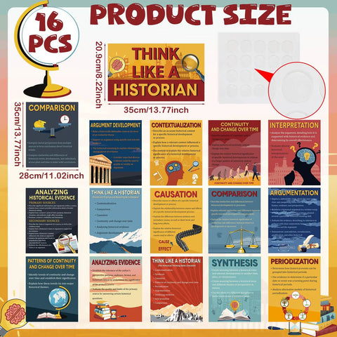 Think Like A Historian Posters 16 Pack Social Studies Classroom Decorations Thinking Posters Bulletin Board Set For Middle And High School 11 By 13.8 Inches Ideal For Office Or Home Learning, showcasing individual poster designs.