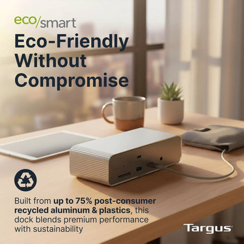 Top Shelf Triple 8K Thunderbolt 5 Docking Station With 140W EPR Rapid Charge on a desk, showing eco-friendly design and ports.