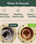 Nespresso Vertuo Cleaning And Descaling Kit For Eco Friendly Maintenance Includes Descaling Solution Bottle No Fuss Six Cleaning Tablets Reusable Pod Carbon Neutral Vertuoline Care Six Month Supply shows before and after descaling images.
