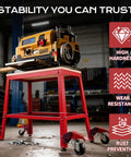 Heavy Duty Rolling Tool Platform With Smooth Glide Casters Universal Mobile Work Bench Stand For Drill Press And Miter Saw Setup Up To Seven Hundred Pounds Capacity Garage Shop Dog Upgrade with power tool on red stand
