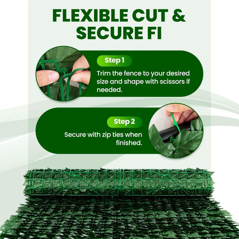 Artificial Ivy Privacy Fence Screen 120 By 40 Inches Ultra Dense 1200 Leaf Faux Ivy Panels showing cutting and securing steps