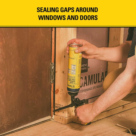 Pro FG2 Foam Gun For Insulation With Precision Bead Flow, sealing window and door gaps, 8 inch applicator in use