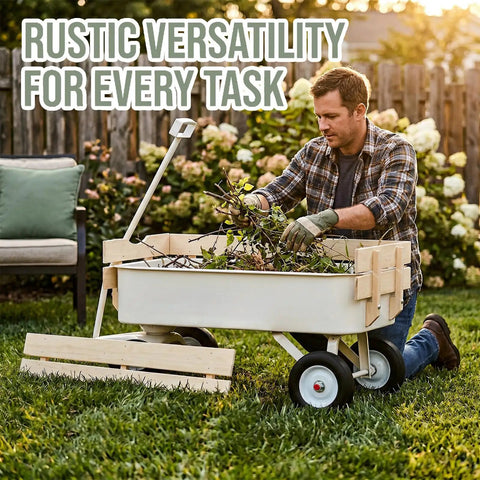 Man using Steel Frame Wagon With 8 Inch All Terrain Air Tires And Wooden Side Panels, 176 Pound Capacity, Foldable Utility Cart