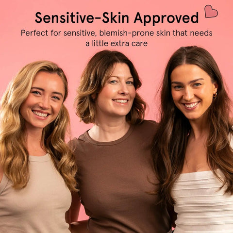 Three women smiling with text about sensitive skin approval, relating to Ultra Soft Disposable Face Towels For Travel Essentials On The Go Extra Large Wipes For Cleanse And Makeup Removal Highly Absorbent And Lint Free Vegan Facial Tissues 60 Count.