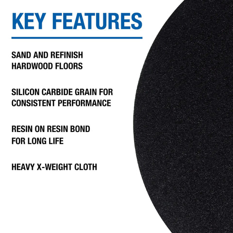 Silicon Carbide Floor Sanding Disc For Hardwood And Concrete, 20 Inch Diameter, 2 Inch Center Hole, Heavy Duty Cloth Backing, Grit 80X, 20 Pack with key features listed.
