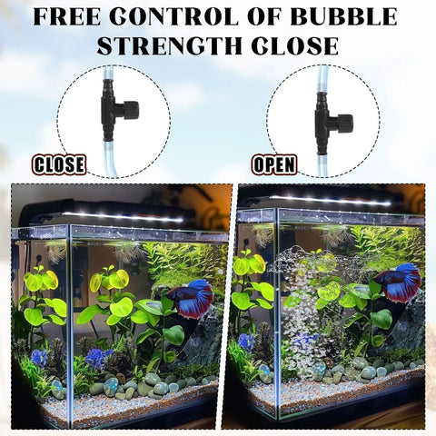 Adjustable Aquarium Air Control Valve For Three Sixteenth Inch Airline Tubing Inline Flow Regulator For Air Pumps 4mm Fit Precision Air Flow For Fish Tanks Aquaculture And Garden Systems 10 Pack showing open and closed states in a fish tank