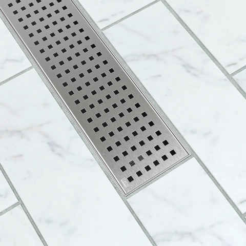 36 Inch Stainless Steel Linear Shower Drain With Square Grate in tiled shower floor