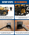 Setup steps for Ultra Quiet Generator Exhaust Silencer Extension Kit, including adapter connection and wall mount installation.