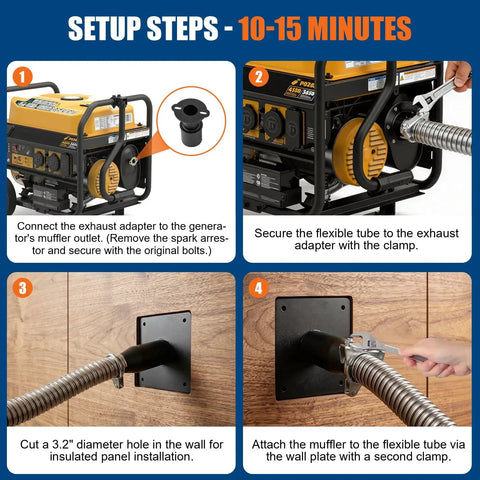 Setup steps for Ultra Quiet Generator Exhaust Silencer Extension Kit, including adapter connection and wall mount installation.