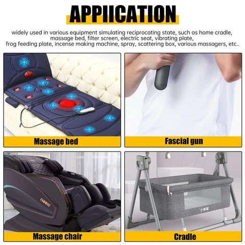 Reciprocating cycle linear actuator application collage: massage bed, fascial gun, massage chair, cradle.