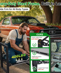 Man using heavy-duty steel frame kneeler beside vintage car, showcasing 400 lb capacity and thick metal supports in outdoor setting.