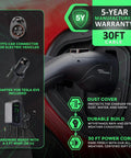Fast 48 Amp Level 2 EV Charger with J1772 connector, Tesla NACS adapter, 30ft cable, wall mount; warranty and features in view.