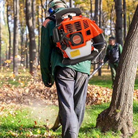 Person using Backpack Gas Powered Leaf Blower With 52cc 550 CFM 3HP Two Stroke Engine Air Cooled Lightweight 13.6 Lb Grass Lawn Blower For Outdoor Yard Cleanup And Snow Removal in a park setting