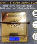 Go To Pro Grade Digital Jewelry Scale 1000G Capacity Portable Food Scale With Multi Unit Conversion shown with gold finish and tool